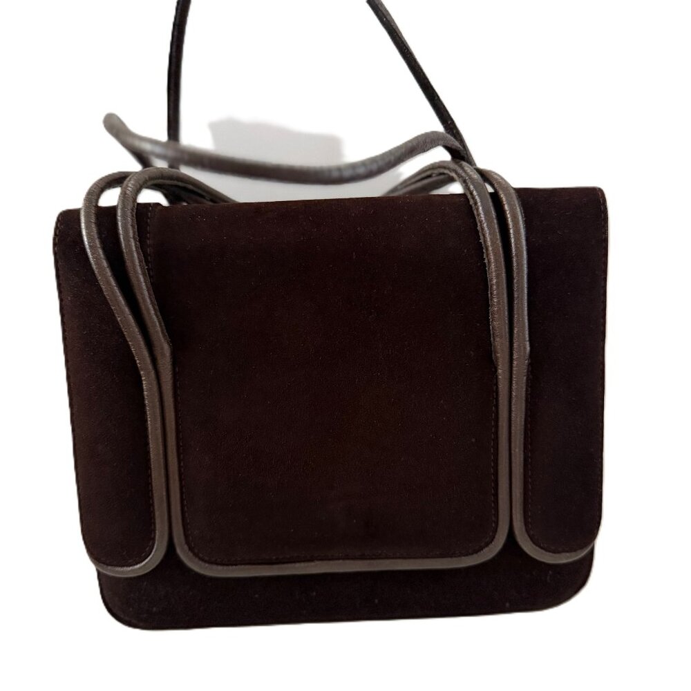 Classic, vintage, dark chocolate brown, suede handbag, double pocket